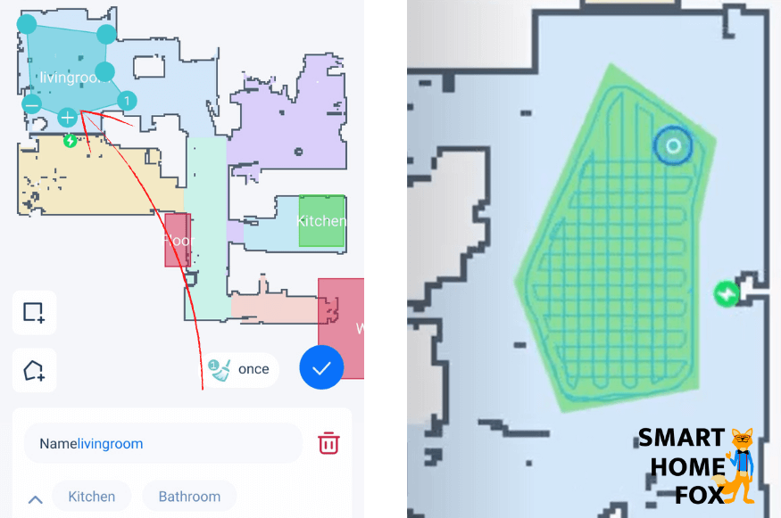 In der Proscenic App wird ein Bereich definiert, welcher gereinigt werden soll.